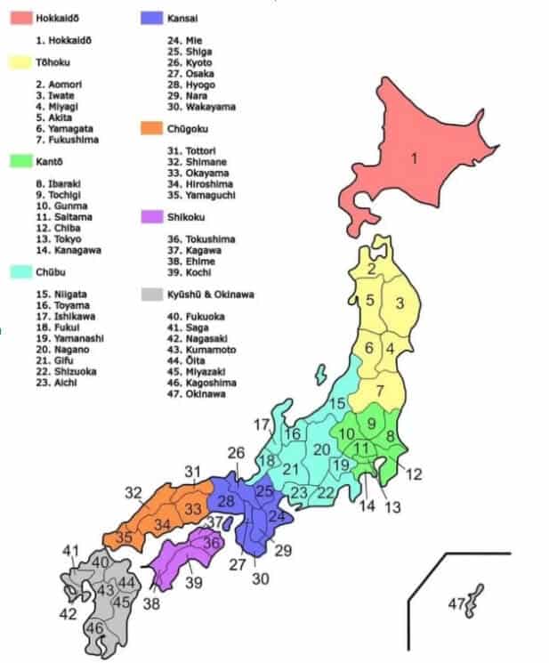 Mapa de Japón y sus 8 regiones